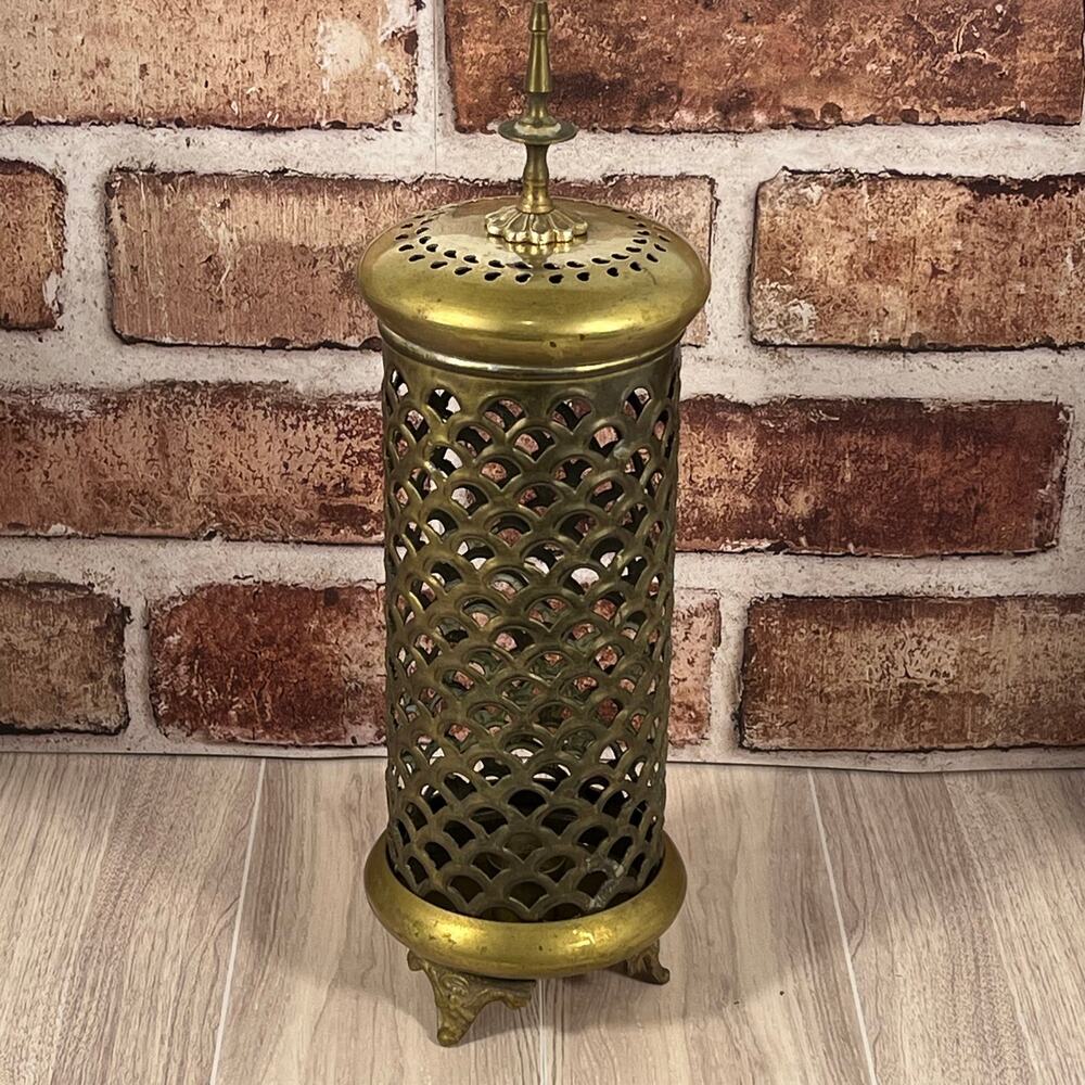 Beautiful Vintage Brass Arabic Lantern Pillar Candle Holder With Lattice Detail